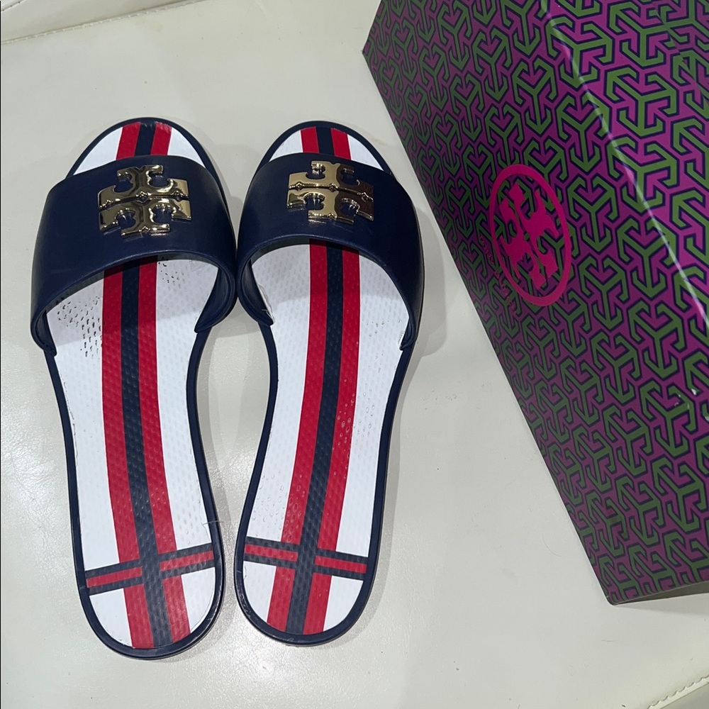 Tory Burch Logo Melody Criss Cross Striped Sandals in Navy, Red, and White
